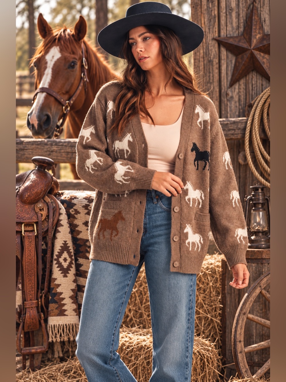 Brown horse embroidered knit western boho Aztec cardigan sweater jacket top